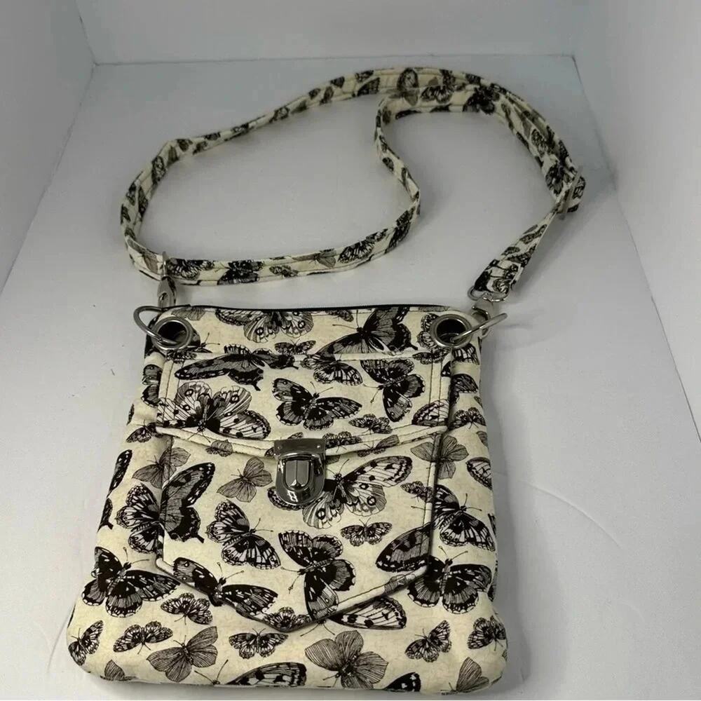Homemade Crossbody‎ bag, black and cream butterfly print